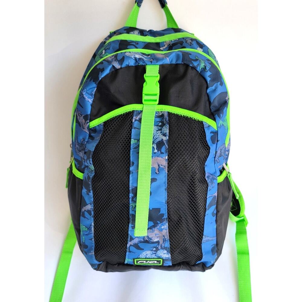 Fuel Backpack Blue and Neon Green Dinosaur Print